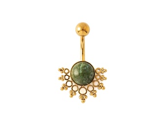 Tarita African Jade Belly Bar, golden 316L surgical steel belly button ring, belly piercing 1.6mm (14g), boho tribal body piercing jewelery