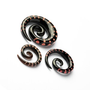 Black Spiral gauges with Coral dots, taper gauge earrings for stretched ears 6g 5/8 ear gauges, natural ear stretchers, gauge jewelry image 2