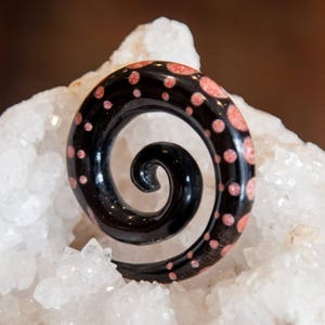 Black Spiral gauges with Coral dots, taper gauge earrings for stretched ears 6g 5/8 ear gauges, natural ear stretchers, gauge jewelry image 7