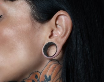 Hammered Black Silver Ear Tunnels, Stretched Ears Gauge Earrings