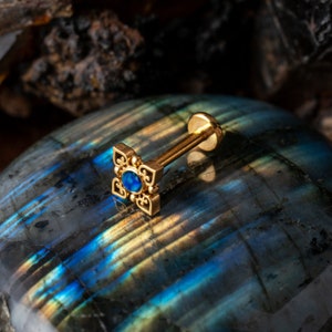 Neptune blue Opal labret, 1.2mm/16g golden surgical steel internally threaded screw on earring, helix, cartilage, conch flat back earring