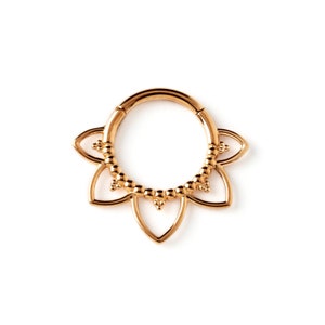 Rose Gold Lotus flower septum clicker, surgical steel hinged hoop earring fit as a tragus, helix, cartilage, septum jewelry size 1.2mm (16g)