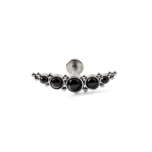 Deva labret with black Onyx, 1.2mm/16g surgical steel internally threaded flat back cartilage earring with gemstone, conch, helix piercing