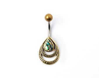 Anneau de nombril en coquille d'ormeau goutte, barre de ventre en acier chirurgical 316L, anneau de nombril 1.6mm = 14g, bijoux de perçage de nombril