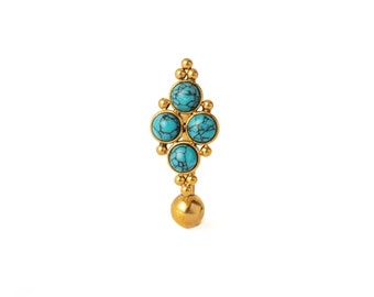 Quatro Turquoise floating navel piercing, gold surgical steel belly bar 1.6mm/14g, belly button ring with gems, belly piercing jewellery