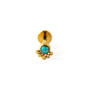 Labret Layla turquoise, acier chirurgical doré 1,2 mm/16 g, vis à filetage intérieur pour boucle d'oreille, tragus, cartilage, méduse
