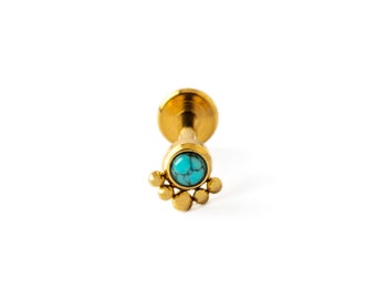 Layla Turquoise Labret, 1.2mm/16g golden surgical steel internally threaded screw on earring, tragus, cartilage, medusa flat back earring
