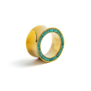 Golden brass ear tunnels with Turquoise, ear plugs and tunnels for stretched ears 10mm/00g-20mm/13/16’’, gauge jewelry, PRICE PER SINGLE