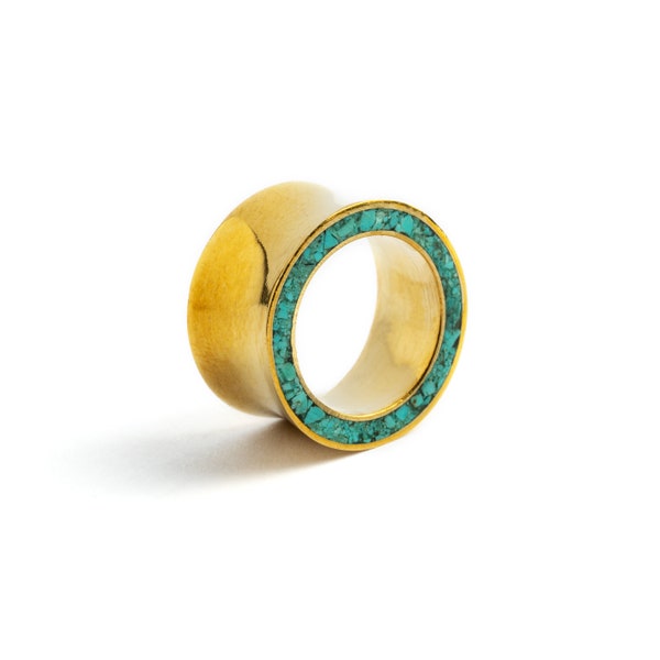 Golden brass ear tunnels with Turquoise, ear plugs and tunnels for stretched ears 10mm/00g-20mm/13/16’’, gauge jewelry