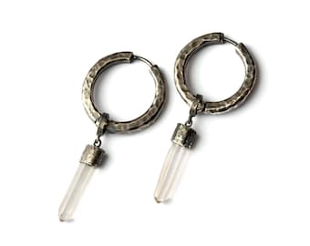 Zwartzilveren hoepeloorbellen met kwartskristalbedel, kristallen hanger, kwartsoorbellen, bungelbedel, hoepelhanger, hoepeloorbellen