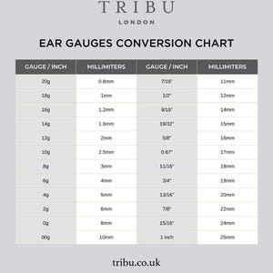 May include: A gray informational chart titled TRIBU LONDON EAR GAUGES CONVERSION CHART. The table lists gauge sizes in inches and their corresponding millimeter measurements, ranging from 20g at 0.8mm to 1 inch at 25mm. The website tribu.co.uk is at the bottom.