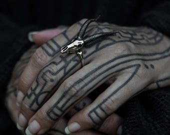 Negev Ring, goat skull ring, gothic edgy adjustable size ring, unisex for men and women, Halloween