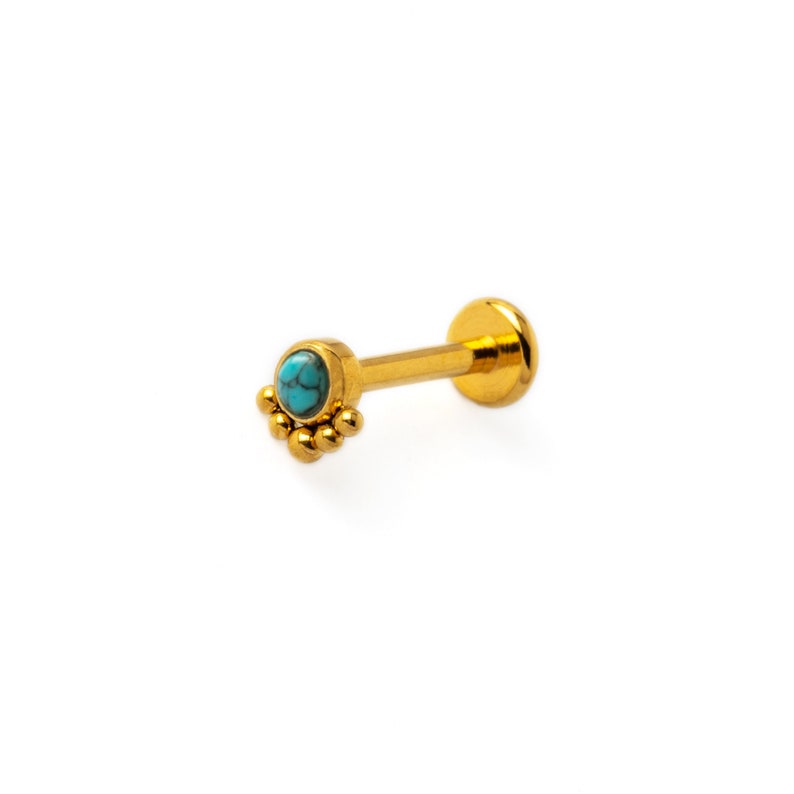 Layla Turquoise Labret, 16g golden surgical steel internally threaded screw on earring, tragus, helix, cartilage, medusa flat back earring zdjęcie 5