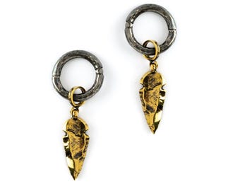 Zwarte en zilveren oorringen met gouden pijlpunthanger, oorhangers voor opgerekte oren 83 mm/8 g, 4 mm/6 g