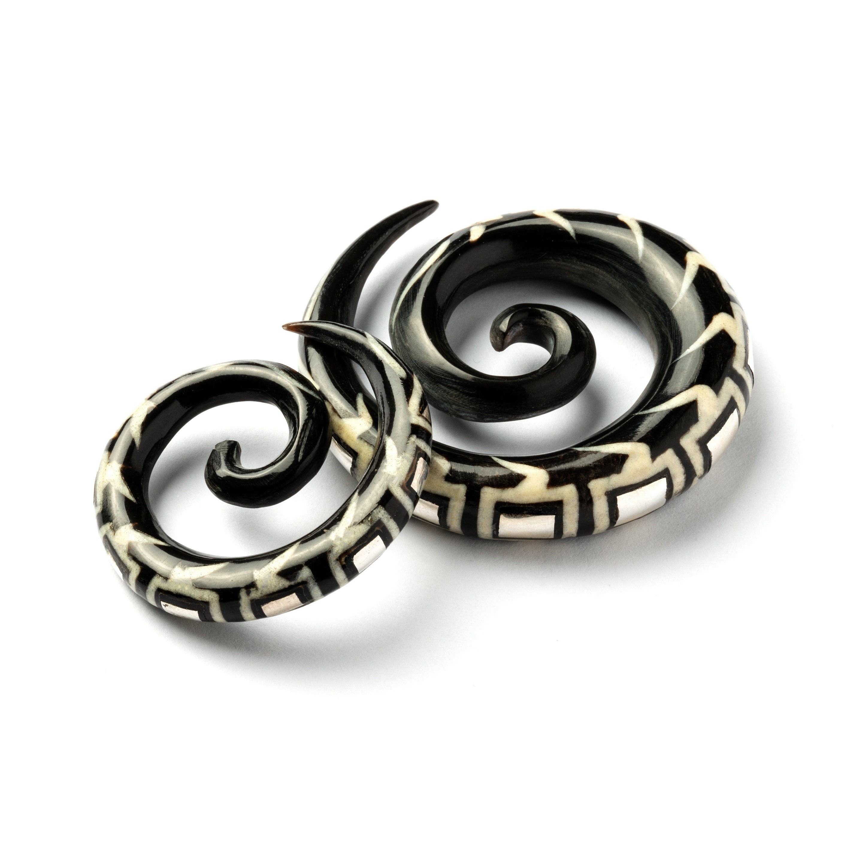 Black Spiral Gauges With Silver Inlay, Taper Gauge Earrings for
