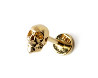 14k Gold Skull Labret Stud, internally threaded screw on earring 1.2mm/16g, gold flat back earring for tragus, helix, conch, cartilage stud