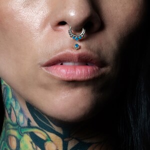 Blue Opal septum clicker, surgical steel piercing ring 1.2mm(16g), 6mm, 8mm, 10mm gemstone hinged segment ring for tragus, helix, cartilage