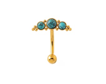 Deva I Golden floating belly bar with Turquoise, gold surgical steel navel piercing ring 1.6mm/14g, crescent belly button ring with gemstone