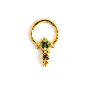 18K Gold Septum ring with Peridot and Smokey Quartz, gemstone gold septum nose ring, piercing ring 1.2mm (16g), 8mm, handmade Septum jewelry