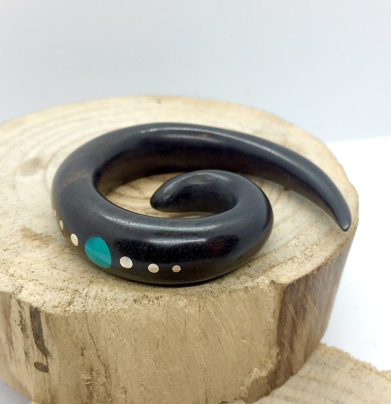 Tribal Gauges Spiral Wood and Turquoise Ear Stretcher,Stretching Earlobe,Gauge Earring,Gauge Ear Stretcher,Stretcher Earring,Organic Gauges