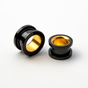 Black & Gold tunnels, Surgical steel 316L double flare plug tunnels with screw back rim, ear gauges 6mm (2g) - 25mm (1&quot;), PRICE PER SINGLE