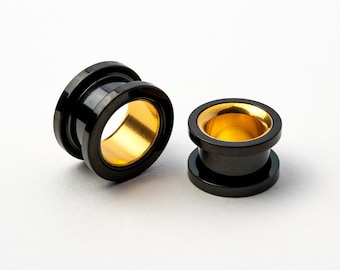 Tunnels noirs et dorés, doubles tunnels flare en acier chirurgical 316L avec rebord arrière vissé, embouts de 6 mm (2 g) - 25 mm (1")