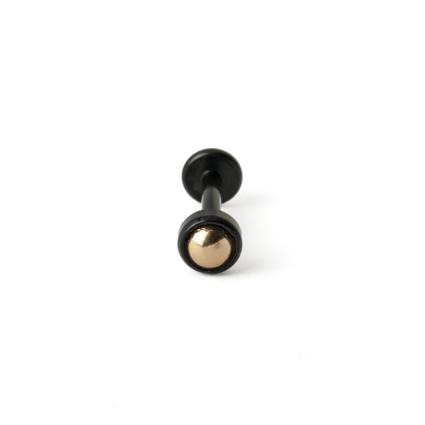 Black and gold labret, surgical steel internally threaded flat back piercing 1.2mm (16g) lengths 6mm, 8mm, Minimal black screw back earring