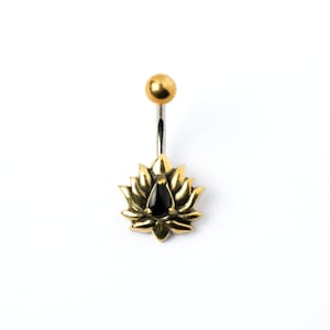 Kolczyk do pępka z kwiatu lotosu z czarnym onyksem, stal chirurgiczna 316L, 1,6 mm (14 g), seksowna biżuteria do piercingu ciała