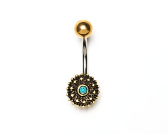 Lotus Flower Belly Button Ring with Turquoise, 316L surgical steel belly bar, navel ring size 1.6mm=14g, boho belly button piercing jewelry