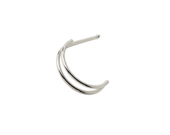 Silver double ring nose post for single piercing, sterling silver nose stud with double hoop 0.8mm/20g, 8mm, 10mm minimalist nose jewellery