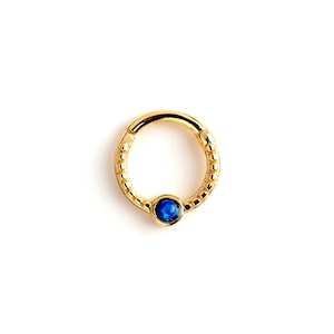 Gold septum clicker with Blue Opal, surgical steel hinged hoop earring 1.2mm (16g) piercing ring fit to tragus, helix, cartilage, daith