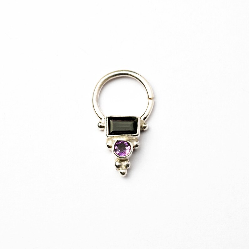 Silver Nose Ring Septum jewelry,Boho Septum Septum Nose Ring Helix Silver Septum Ring with Turmaline and Amethyst Cartilage UK Tragus