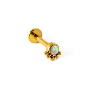 Layla Labret with Opal, 1.2mm/16g gold surgical steel internally threaded screw on earring, tragus, cartilage, medusa flat back earring