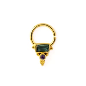Jaya 18k Gold septum ring with green Quartz & Amethyst, 1.2mm/16g seamless piercing ring with gemstone, handmade customised septum jewelry