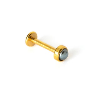Golden labret with black Pearl, surgical steel internally threaded screw stud piercing, tragus, helix, cartilage, medusa flat back earring