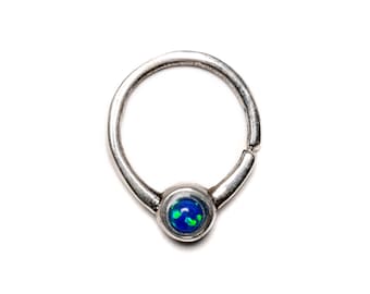 Sterling Silver Septum Ring with Blue Opal, tiny septum with gemstone, piercing ring 1mm/18g helix, daith, handmade unique septum jewelry