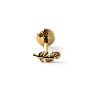 14K Solid Gold Feather Labret Stud, internally threaded screw on earring 1.2mm (16g), flat back earring for tragus, helix, conch piercing