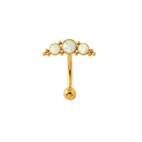 Deva I Golden floating belly bar with White Opal, gold surgical steel navel piercing ring 1.6mm/14g, crescent belly button ring with gems