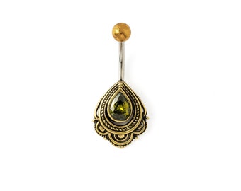 Anneau de nombril Ananya Peridot, barre de ventre en acier chirurgical 316L, anneau de nombril en or antique taille 1.6mm/14g anneau de ventre, bijoux piercing corporel