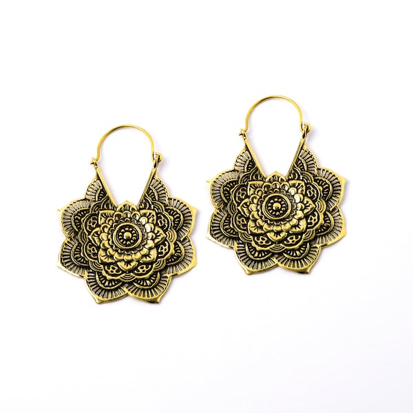 Golden flower hoop earrings, large mandala flower earrings, unique lotus flower earrings, boho tribal  statement festival earrings for women