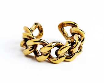 Golden chunky link chain ring open band adjustable boyfriend ring, unisex hip hop streetwear ring