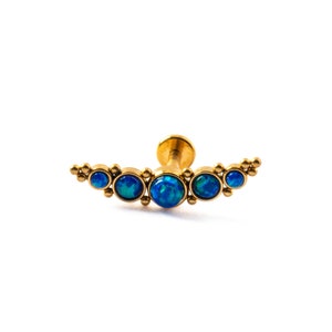 Deva golden labret with blue Opal, 1.2mm/16g surgical steel internally threaded flat back earring, cartilage earring with gemstone,Opal stud