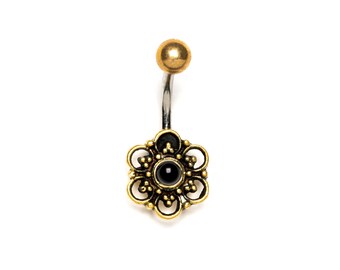 Flower Belly Button Ring with Black Onyx, 316L surgical steel belly bar 1.6mm=14g boho tribal navel ring, belly button piercing jewelry