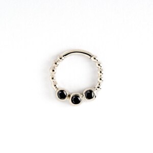 Silver Septum Ring with Trio Black Spinel, tiny septum with gemstone, piercing ring 1.2mm(16g) tragus, helix, cartilage, daith, nose ring