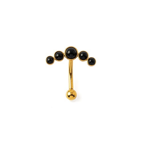 Floating belly bar with Black Onyx, Gold surgical steel navel piercing ring 1.6mm/14g boho tribal crescent belly button ring with gemstone