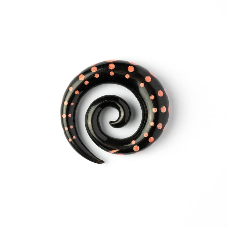 Black Spiral gauges with Coral dots, taper gauge earrings for stretched ears 6g 5/8 ear gauges, natural ear stretchers, gauge jewelry image 3