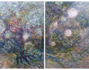 Painting: Bloom, diptych. abstract oil painting,  about climate change 60"x40"