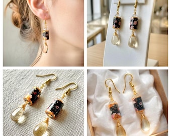 Vintage-Inspired Botanical Paper Bead Earrings,  Boho Dangles with glass bead accents