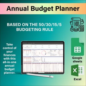 Annual Budget Planner Excel & Google Sheets | 50/30/15/5 Rule Worksheet for Personal Finance Management