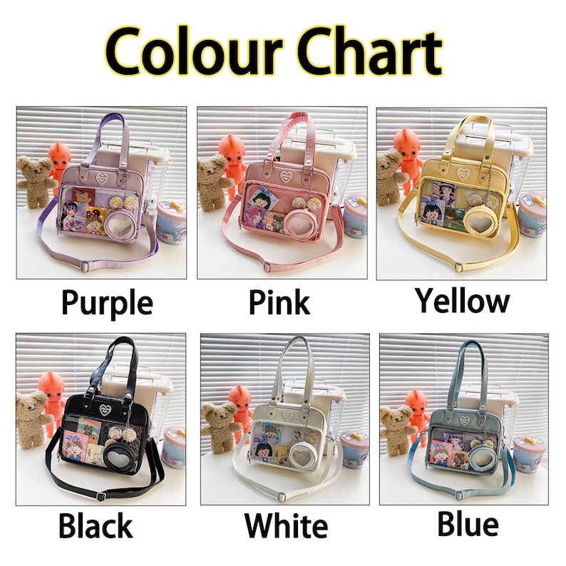 Puede incluir: Una tabla de colores que muestra diferentes bolsos de pl&aacute;stico transparente de colores con una ventana transparente y un dije en forma de coraz&oacute;n. Los colores son morado, rosa, amarillo, negro, blanco y azul.